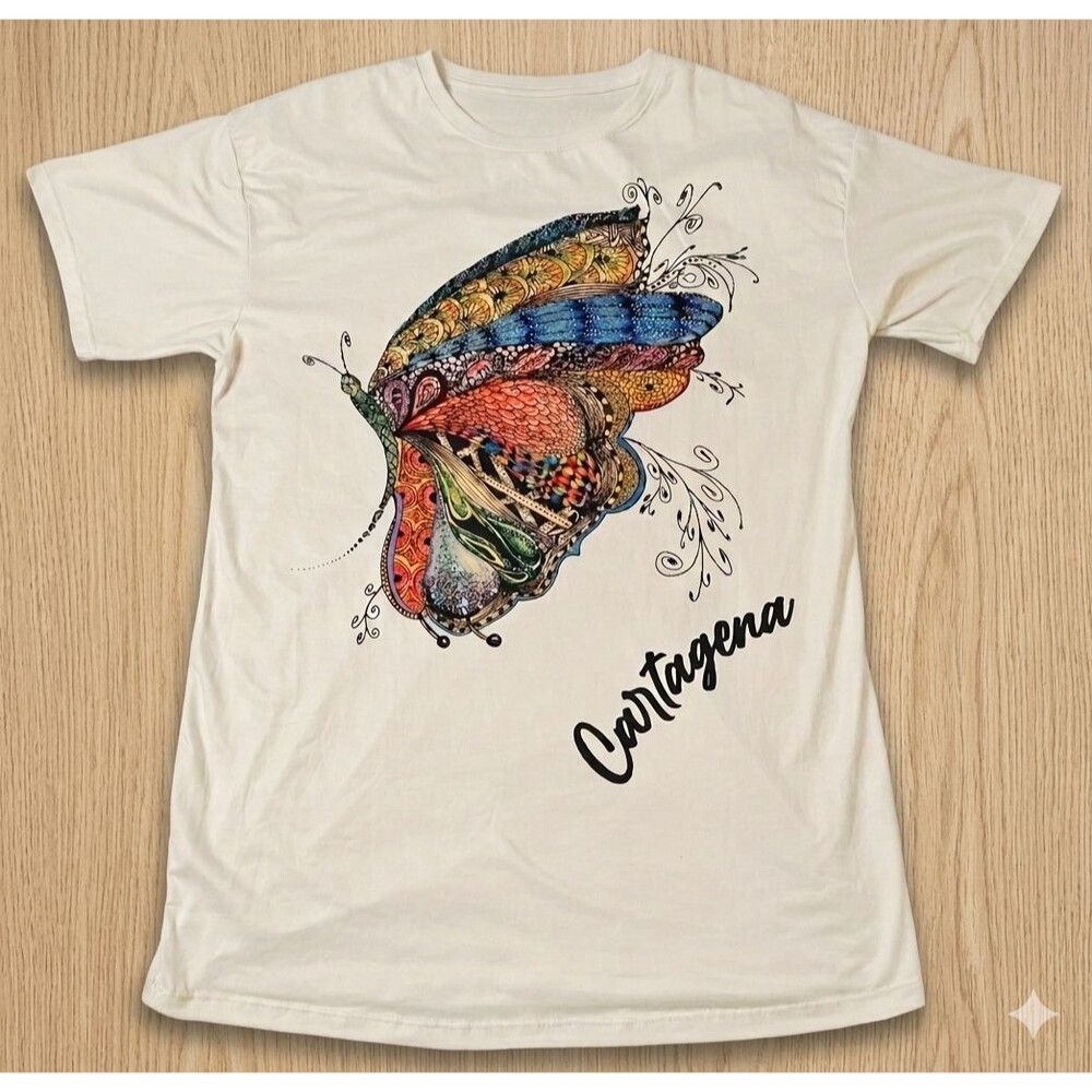 Women’s Graphic T‑Shirt One Size White Sparkle Butterfly Cartagena Tee Colorful